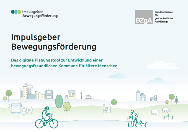 Illustration zum Thema; Impulsgeber Bewegungsförderung, Landschaft mit Stadt, Einfamilienhaus und Bauernhof im Hintergrund. Davor eine Fahrradfahrerin und en älterer Mann mit Stock und Hund an der Leine. 